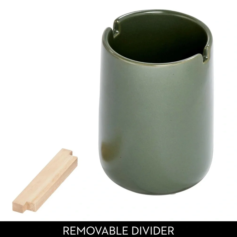 iDesign Ceramic Earth Collection Toothbrush Holder with Paulownia Wood Divider